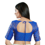 Royal Blue Brocade Woven Design Elbow Sleeve Blouse