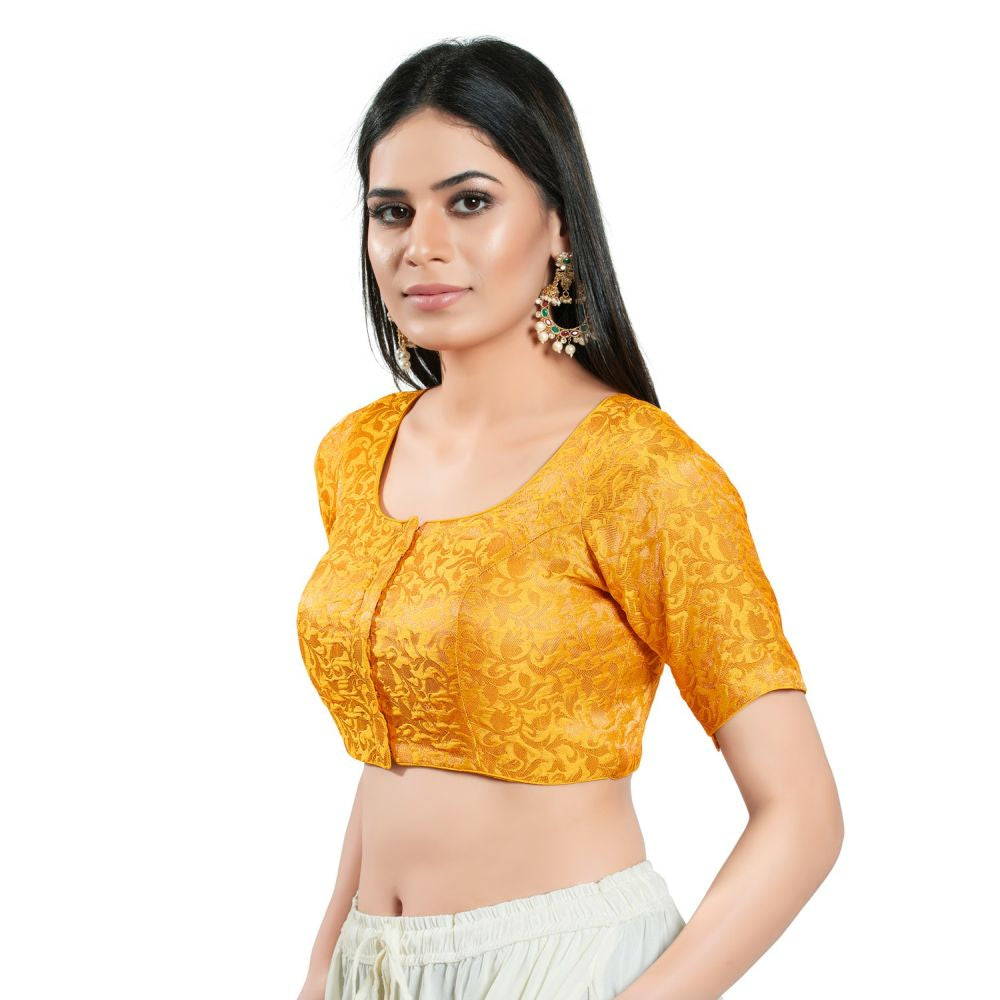 Yellow Brocade Woven Design Elbow Sleeve Blouse