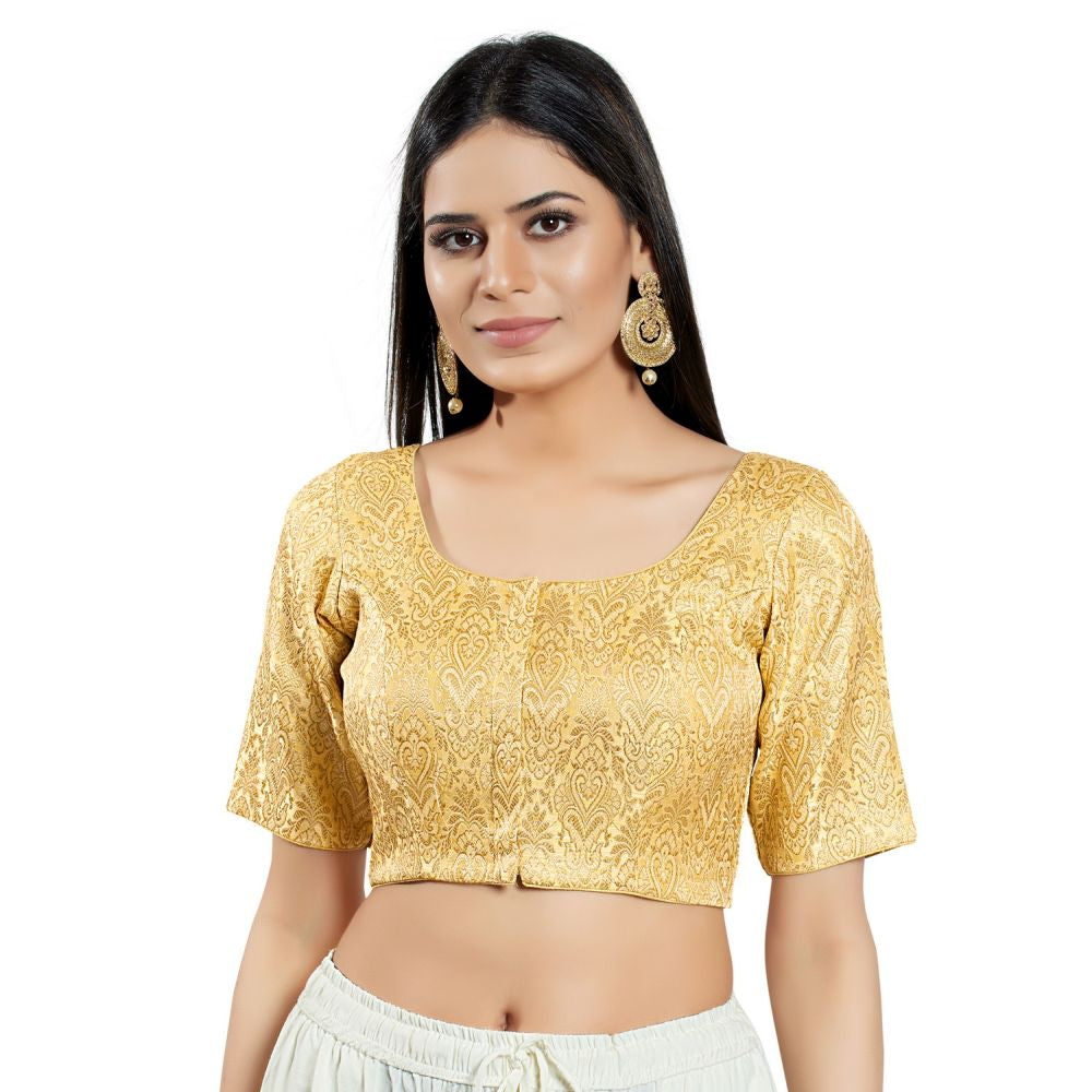 Light Gold Brocade Woven Design Elbow Sleeve Blouse