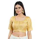 Light Gold Brocade Woven Design Elbow Sleeve Blouse