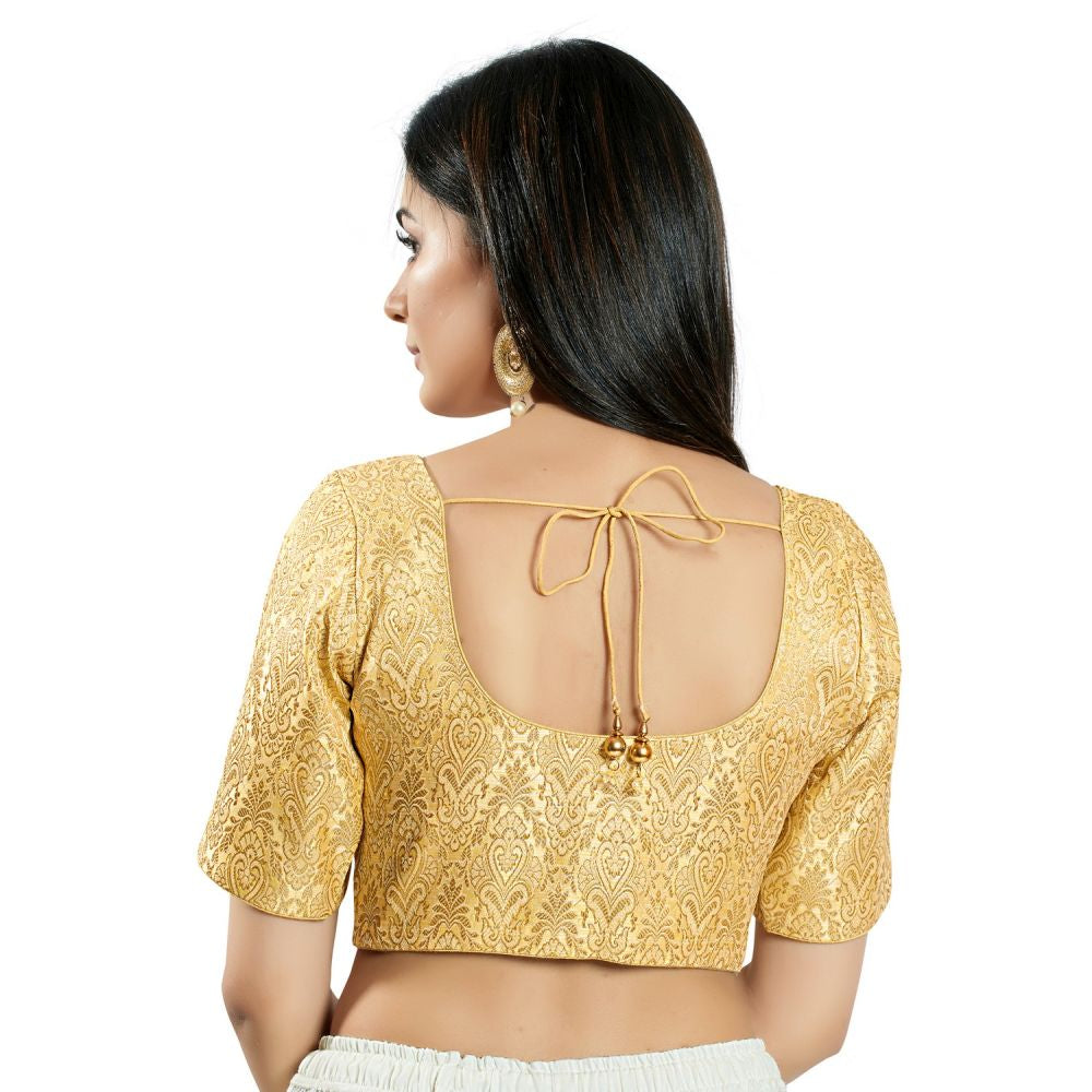 Light Gold Brocade Woven Design Elbow Sleeve Blouse