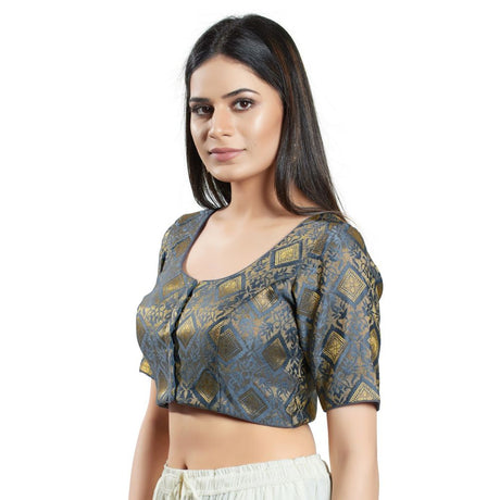 Grey Brocade Woven Design Elbow Sleeve Blouse