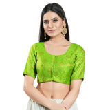 Bright Green Brocade Woven Design Elbow Sleeve Blouse