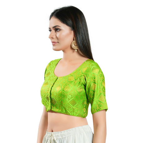 Bright Green Brocade Woven Design Elbow Sleeve Blouse