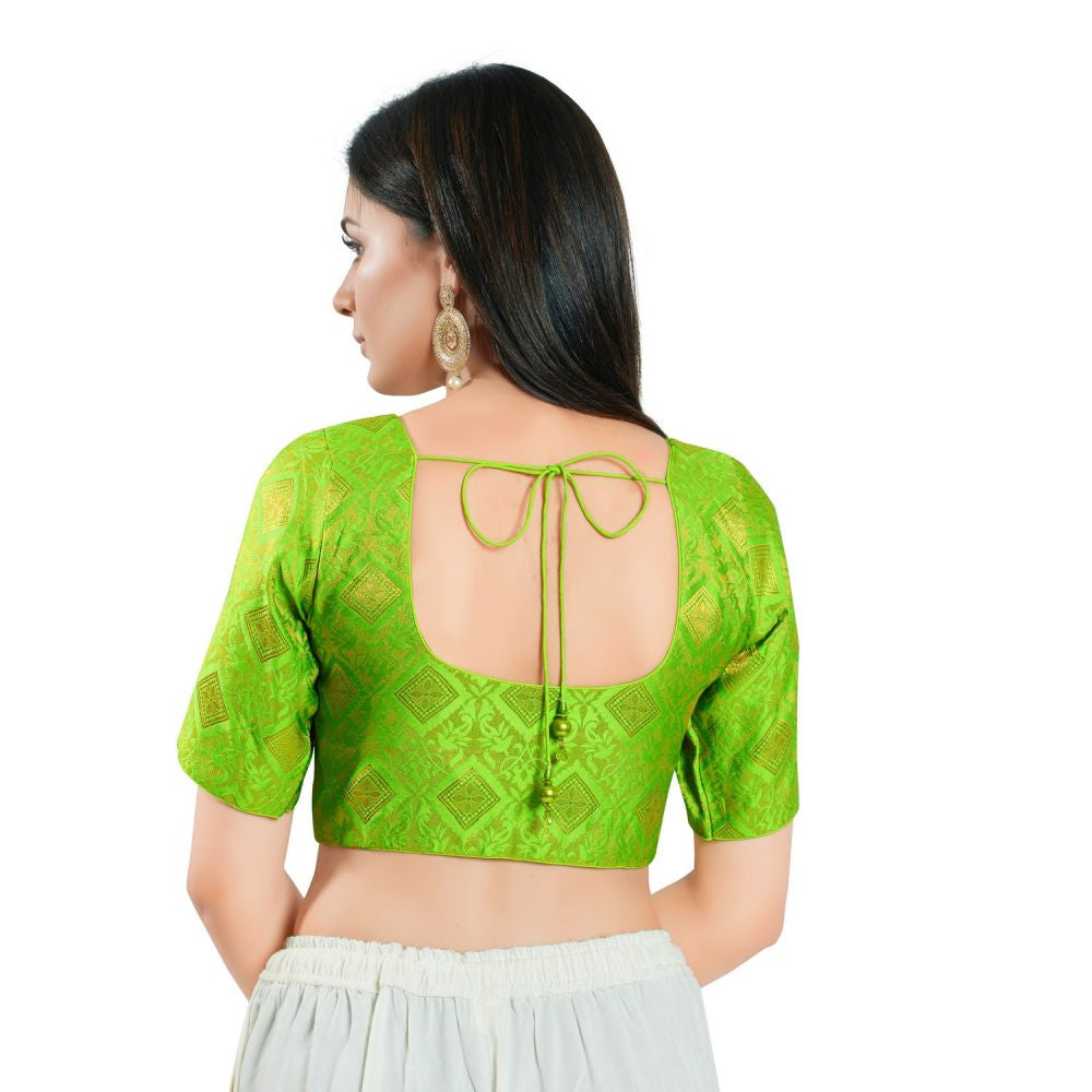 Bright Green Brocade Woven Design Elbow Sleeve Blouse