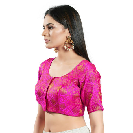 Pink Brocade Woven Design Elbow Sleeve Blouse