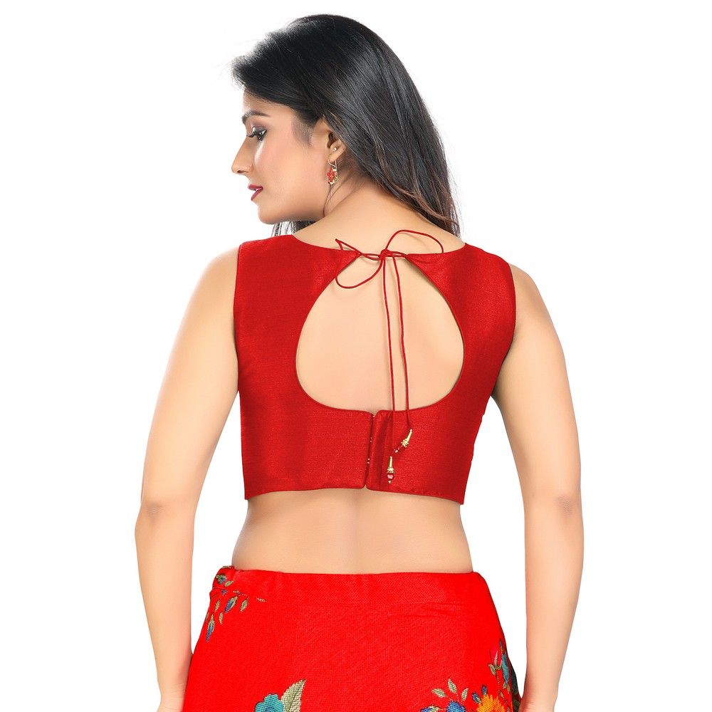 Red Silk Solid Sleeveless Blouse