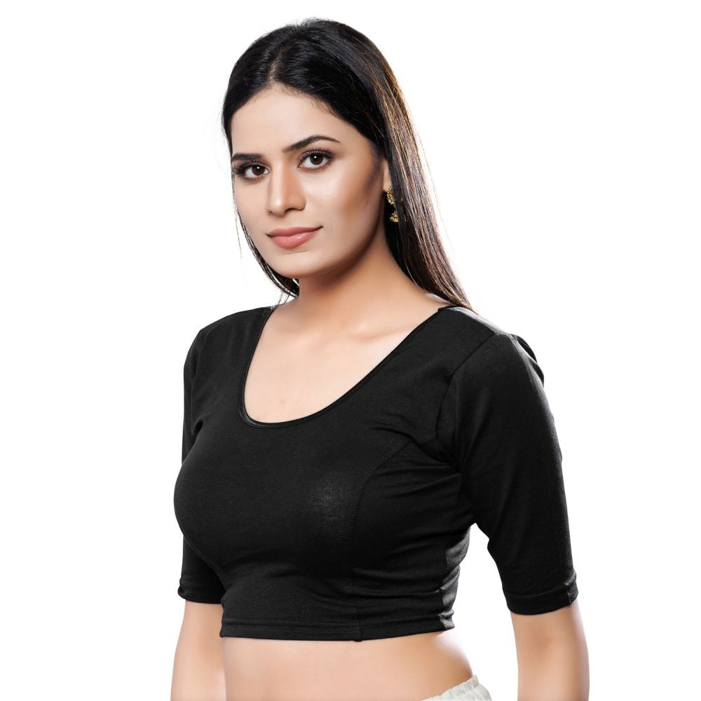 Black Cotton Lycra Solid Elbow Sleeves Blouse