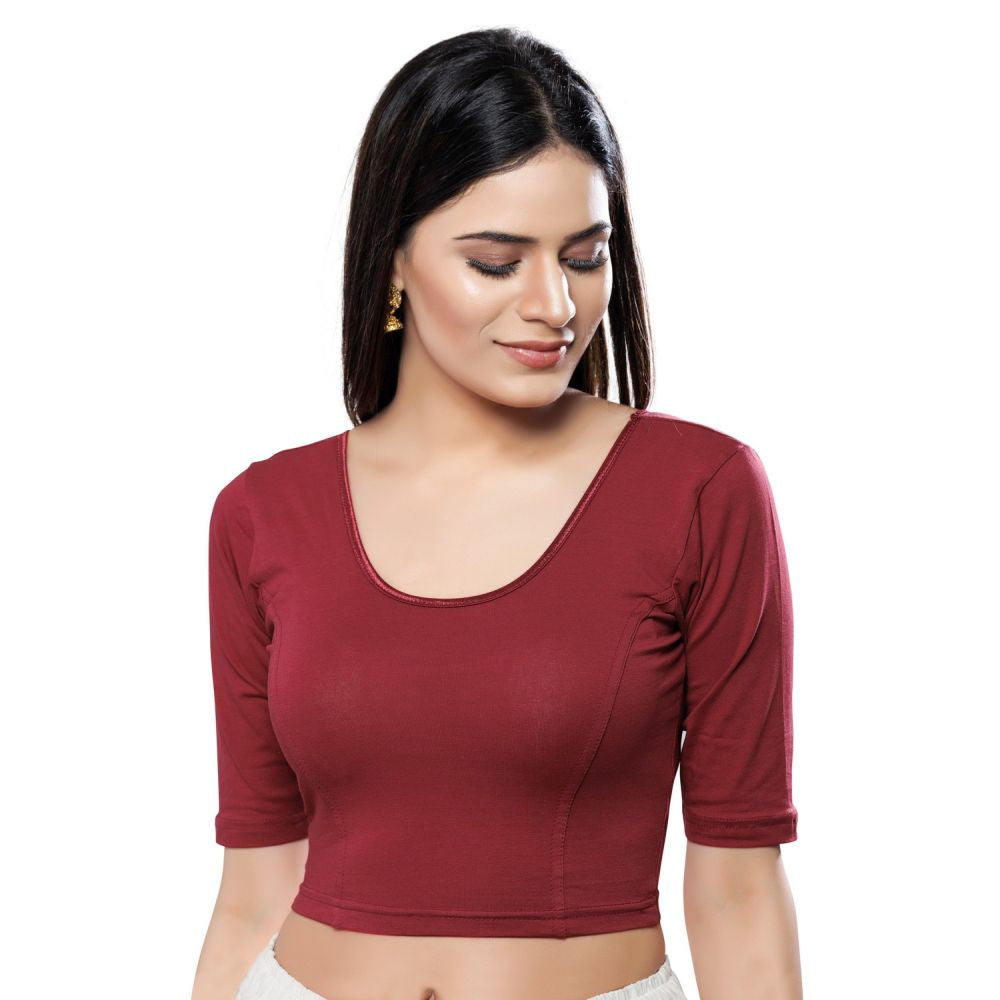 Maroon Cotton Lycra Solid Elbow Sleeves Blouse