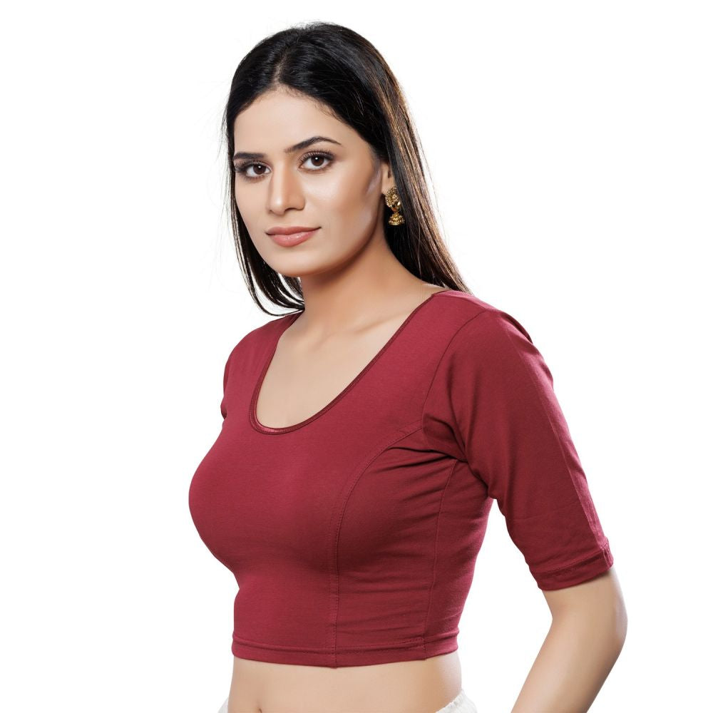 Maroon Cotton Lycra Solid Elbow Sleeves Blouse