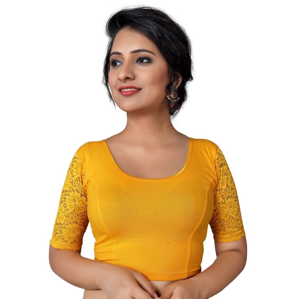 Mustard Cotton Lycra Solid Elbow Sleeves Blouse