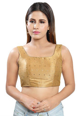 Gold Art Silk Back Open Padded Sleeveless Saree Blouse