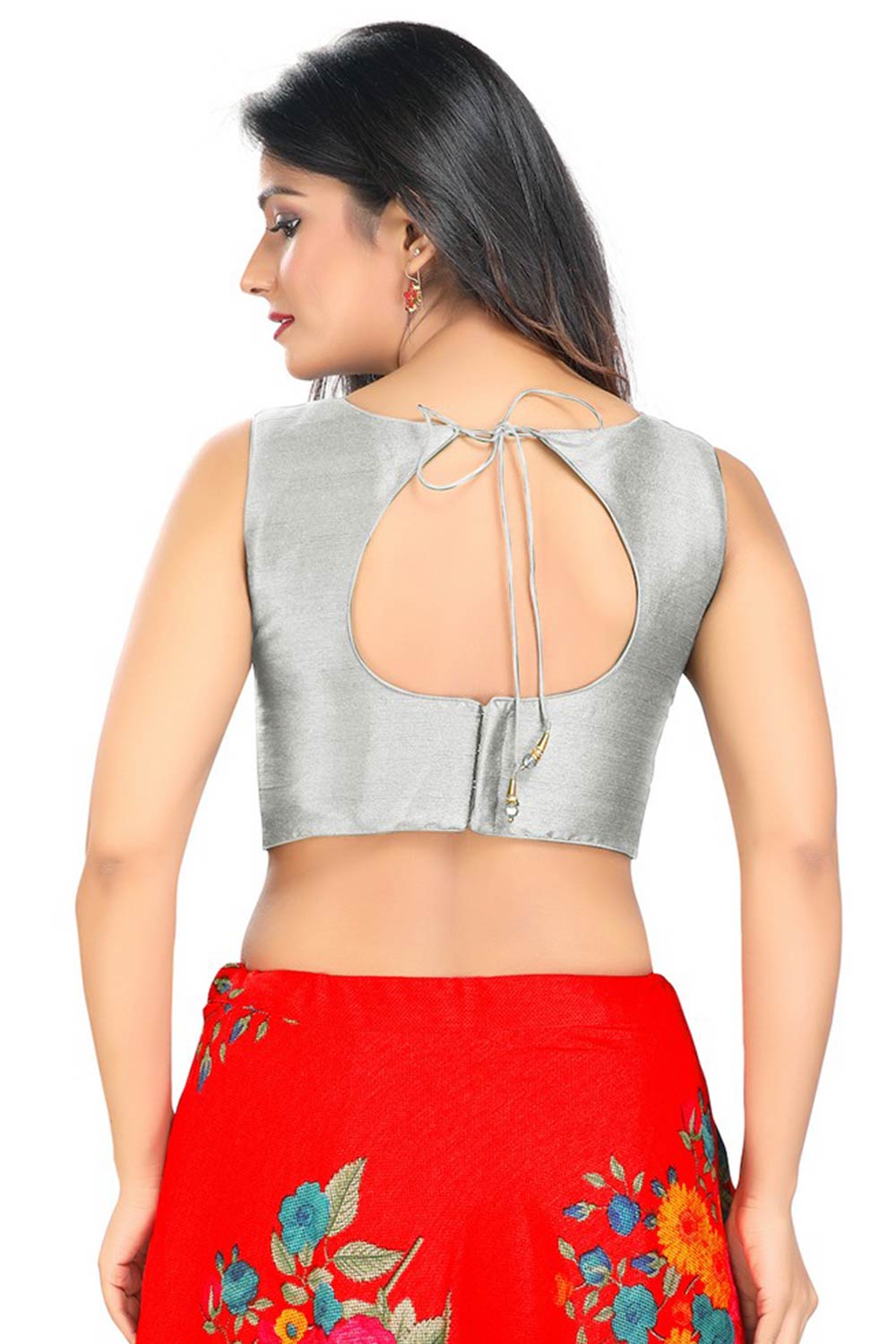 Grey Art Silk Back Open Padded Sleeveless Saree Blouse