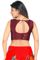 Maroon Art Silk Back Open Padded Sleeveless Saree Blouse