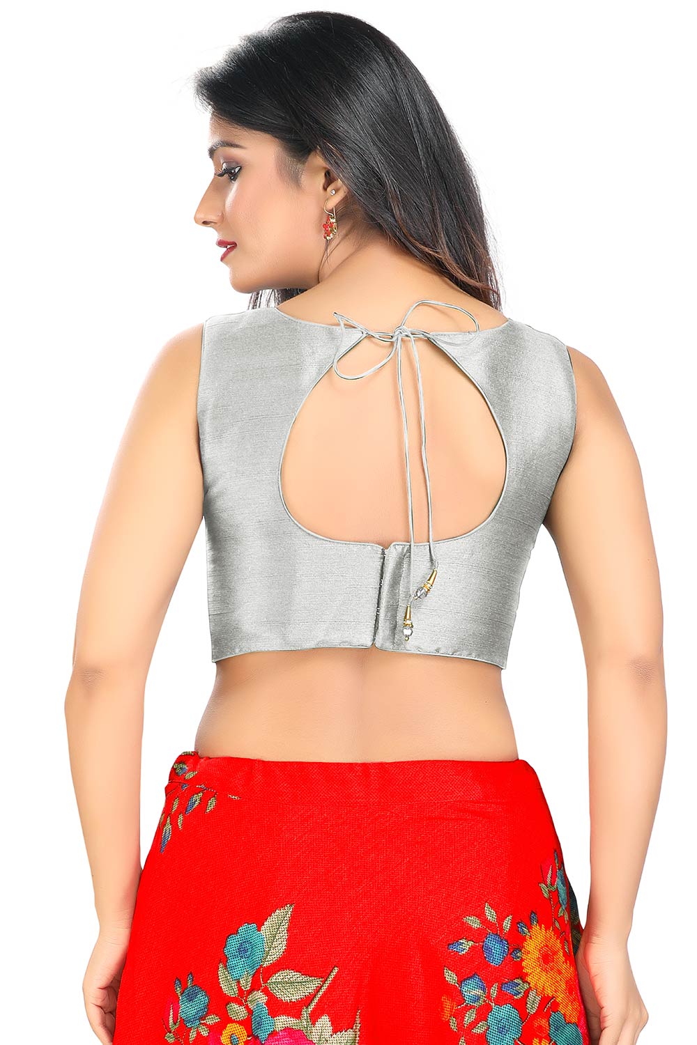 Grey Art Silk Back Open Padded Sleeveless Saree Blouse