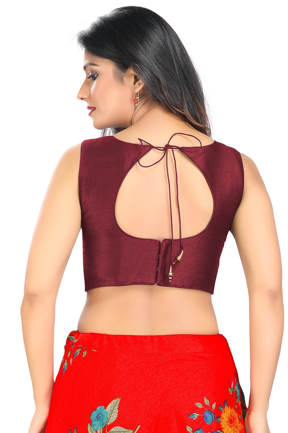 Maroon Art Silk Back Open Padded Sleeveless Saree Blouse