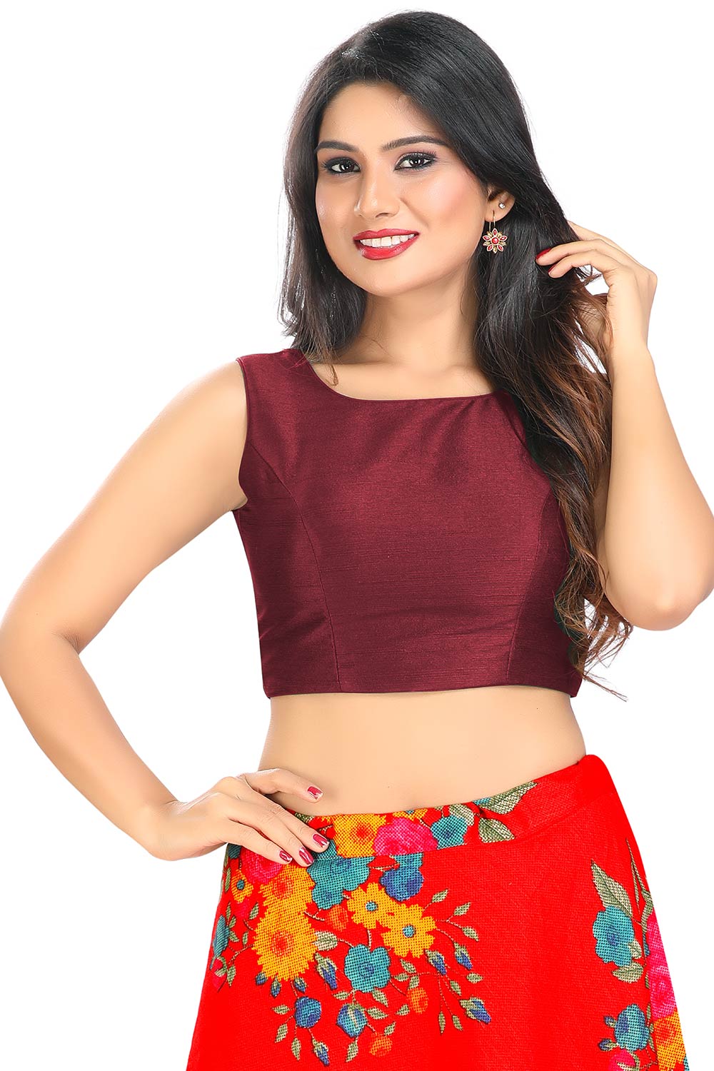 Maroon Art Silk Back Open Padded Sleeveless Saree Blouse