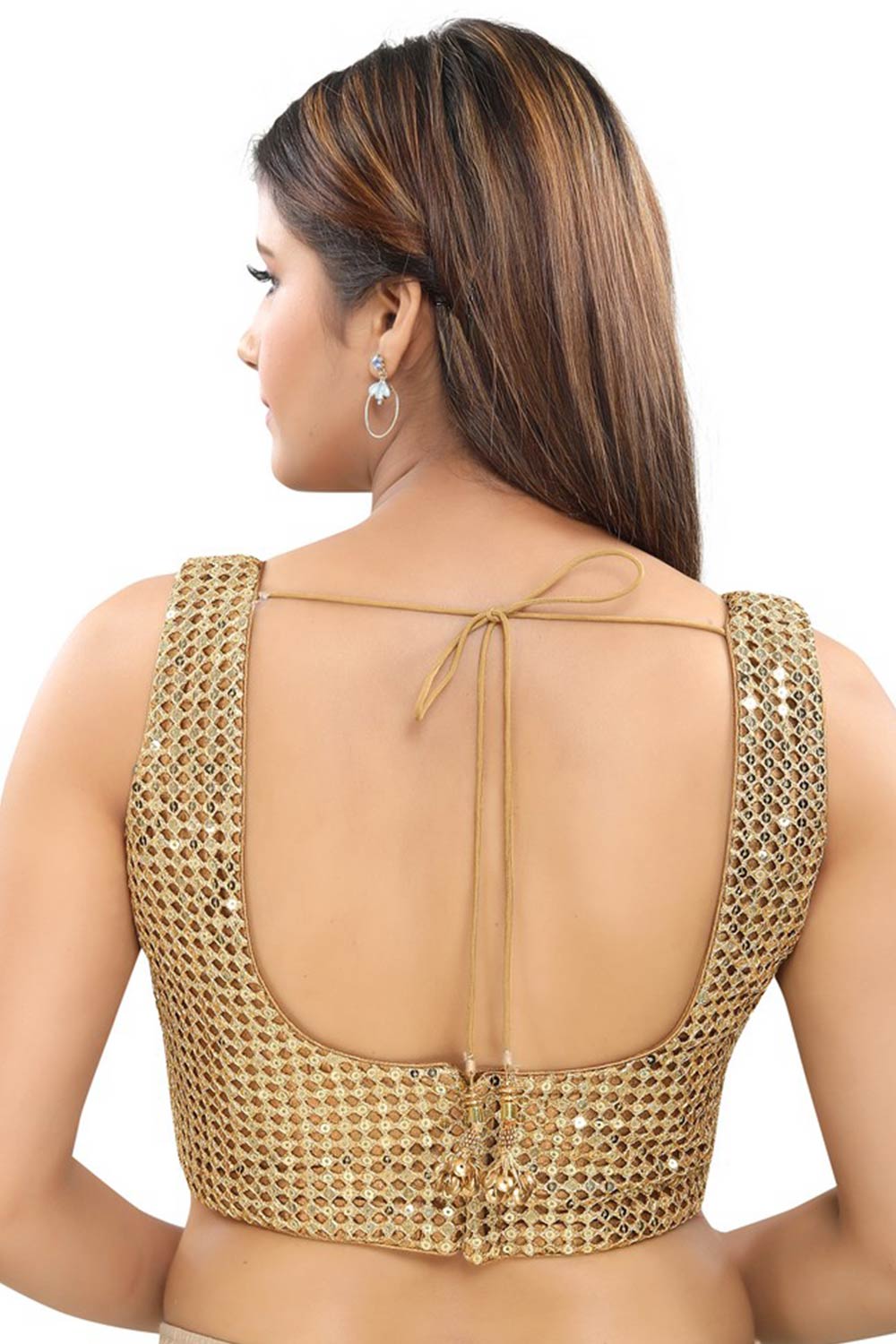 Gold Art Silk Back Open Padded Sleeveless Saree Blouse