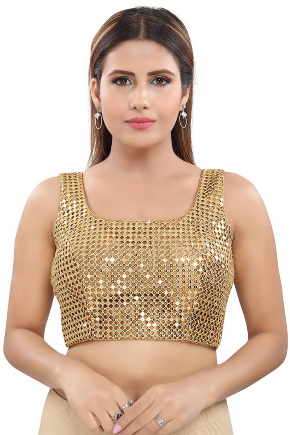 Gold Art Silk Back Open Padded Sleeveless Saree Blouse