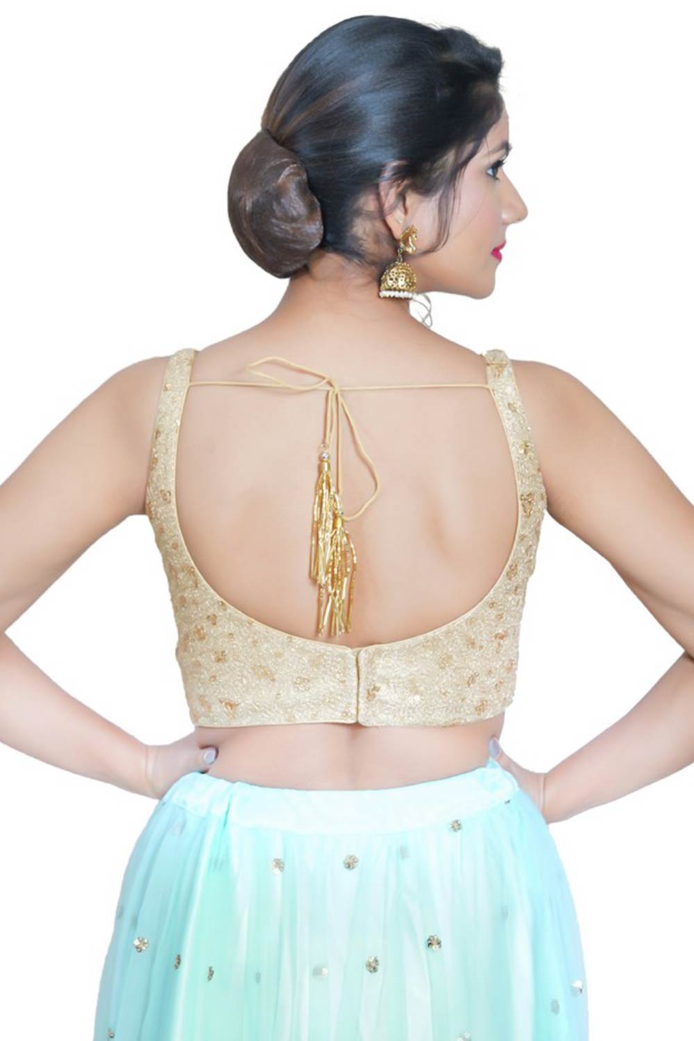 Gold Net Back Open Padded Sleeveless Saree Blouse