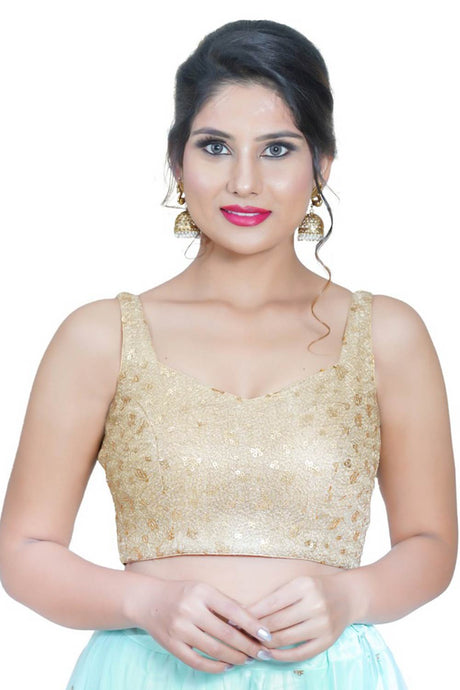 Gold Net Back Open Padded Sleeveless Saree Blouse