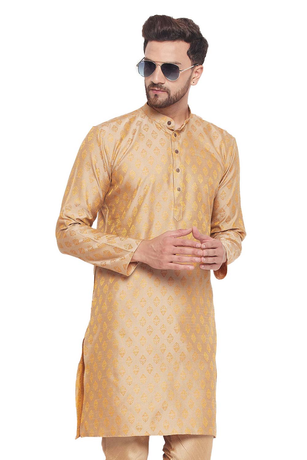 Buy Men's Beige Silk Blend Ethnic Motif Woven Design Short Kurta Online - Zoom Out