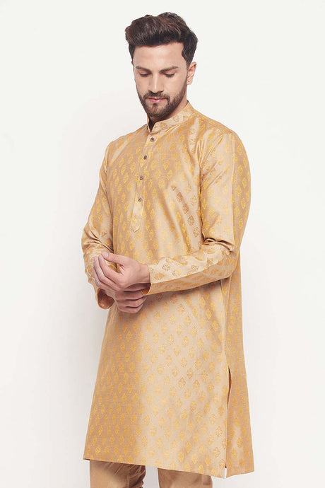 Buy Men's Beige Silk Blend Ethnic Motif Woven Design Short Kurta Online - Back