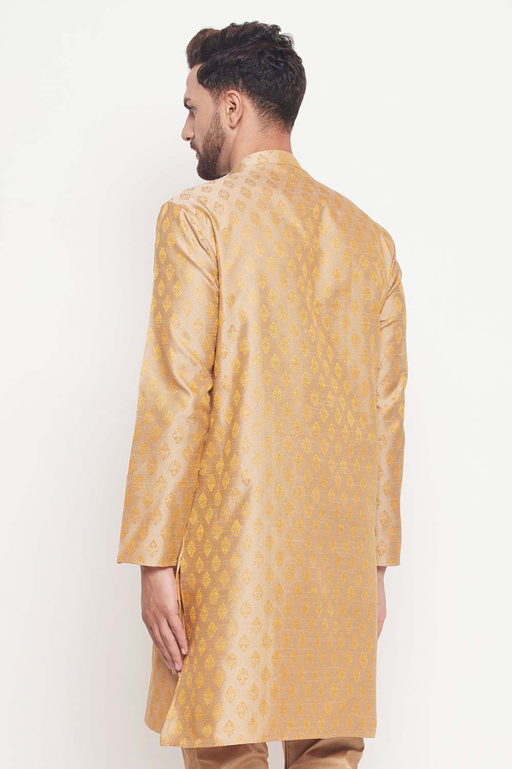 Buy Men's Beige Silk Blend Ethnic Motif Woven Design Short Kurta Online - Front