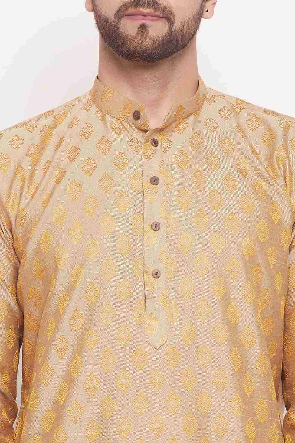 Buy Men's Beige Silk Blend Ethnic Motif Woven Design Short Kurta Online - Side