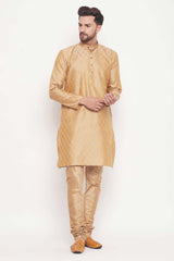 Buy Men's Beige Silk Blend Ethnic Motif Woven Design Short Kurta Online - Zoom In