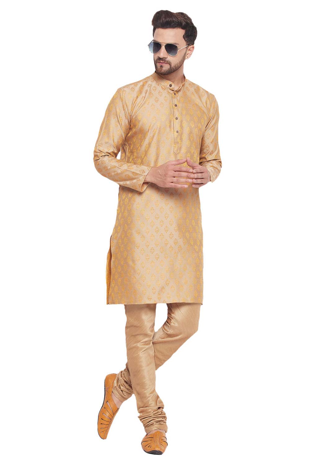 Buy Men's Beige And Rose Gold Silk Blend Ethnic Motif Woven Design Kurta Pajama Jacket Set Online - Zoom Out