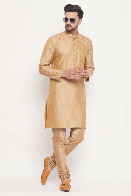 Buy Men's Beige And Rose Gold Silk Blend Ethnic Motif Woven Design Kurta Pajama Jacket Set Online