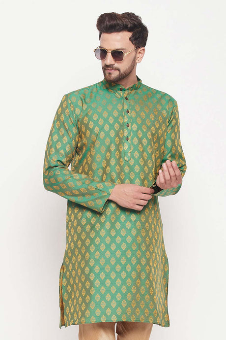 Buy Men's Green Silk Blend Ethnic Motif Woven Design Short Kurta Online