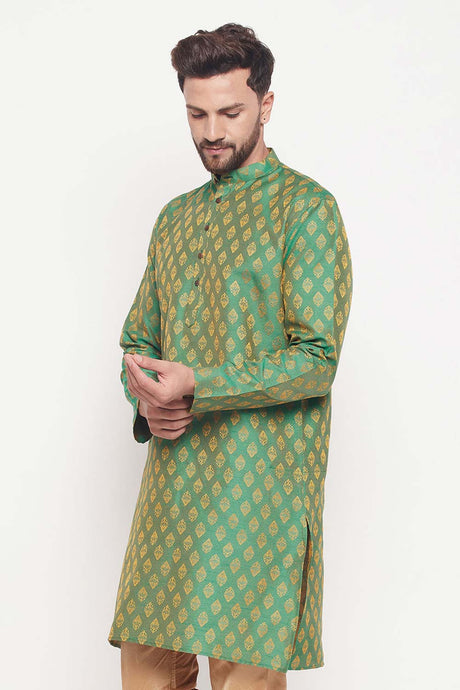 Buy Men's Green Silk Blend Ethnic Motif Woven Design Short Kurta Online - Back