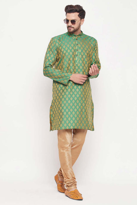 Buy Men's Green And Rose Gold Silk Blend Ethnic Motif Woven Design Kurta Pajama Jacket Set Online