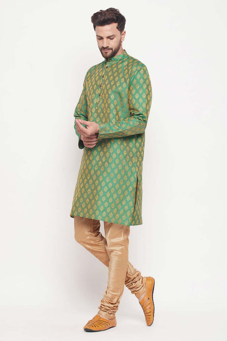 Buy Men's Green And Rose Gold Silk Blend Ethnic Motif Woven Design Kurta Pajama Jacket Set Online - Back
