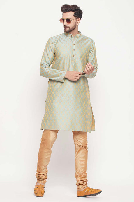 Buy Men's Mint Green And Rose Gold Silk Blend Ethnic Motif Woven Design Kurta Pajama Jacket Set Online