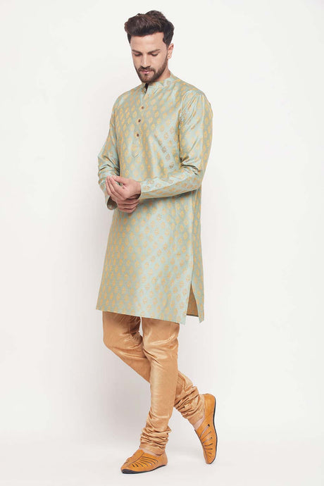 Buy Men's Mint Green And Rose Gold Silk Blend Ethnic Motif Woven Design Kurta Pajama Jacket Set Online - Back