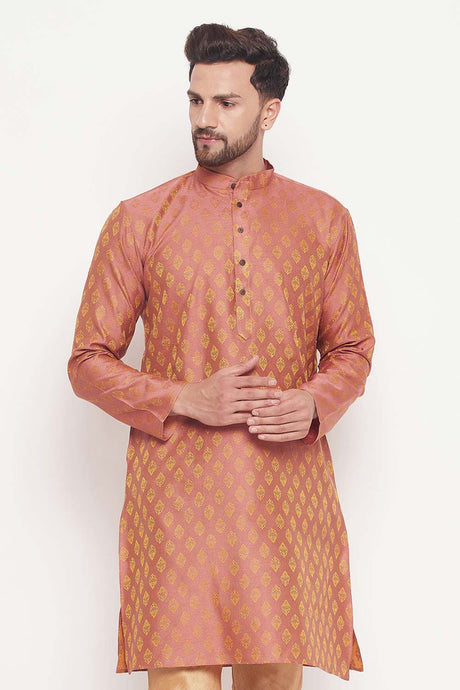 Buy Men's Pink Silk Blend Ethnic Motif Woven Design Short Kurta Online