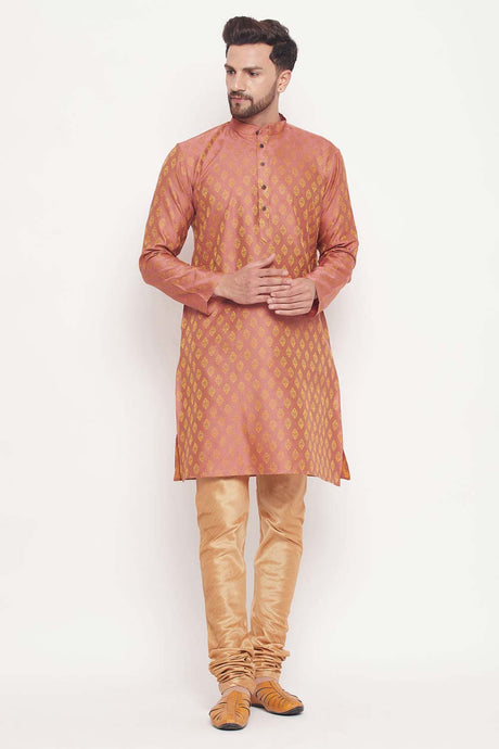Buy Men's Pink And Rose Gold Silk Blend Ethnic Motif Woven Design Kurta Pajama Jacket Set Online