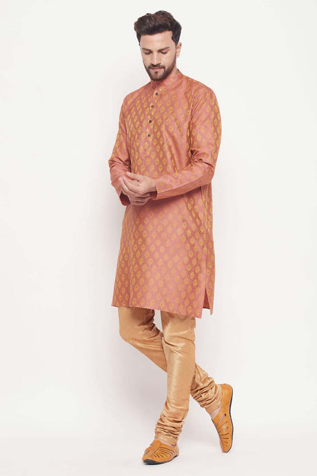 Buy Men's Pink And Rose Gold Silk Blend Ethnic Motif Woven Design Kurta Pajama Jacket Set Online - Back