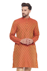 Buy Men's Red Silk Blend Ethnic Motif Woven Design Short Kurta Online - Zoom Out