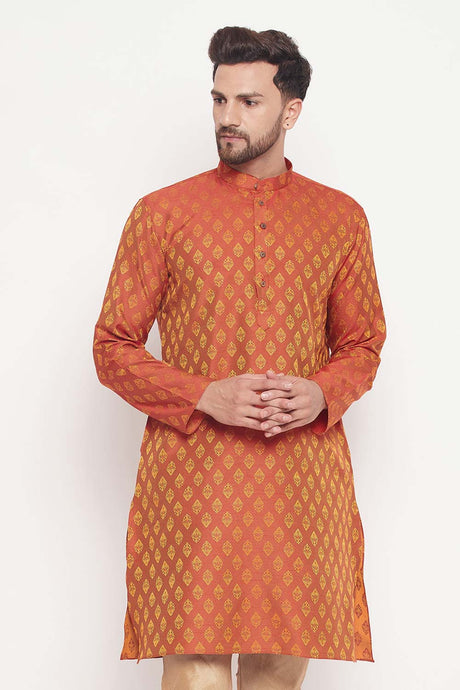 Buy Men's Red Silk Blend Ethnic Motif Woven Design Short Kurta Online