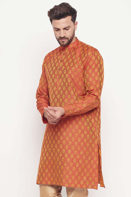 Buy Men's Red Silk Blend Ethnic Motif Woven Design Short Kurta Online - Back