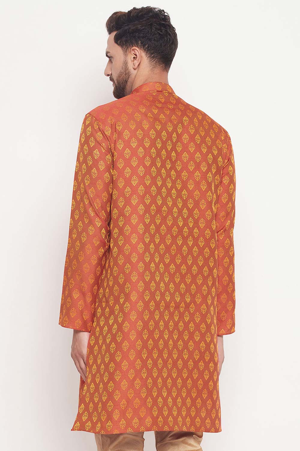 Buy Men's Red Silk Blend Ethnic Motif Woven Design Short Kurta Online - Front