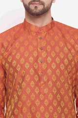 Buy Men's Red Silk Blend Ethnic Motif Woven Design Short Kurta Online - Side