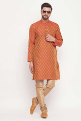 Buy Men's Red Silk Blend Ethnic Motif Woven Design Short Kurta Online - Zoom In