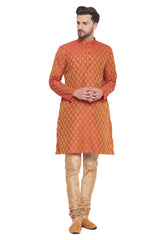 Buy Men's Red And Rose Gold Silk Blend Ethnic Motif Woven Design Kurta Pajama Jacket Set Online - Zoom Out