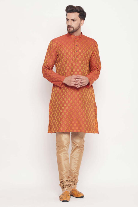 Buy Men's Red And Rose Gold Silk Blend Ethnic Motif Woven Design Kurta Pajama Jacket Set Online