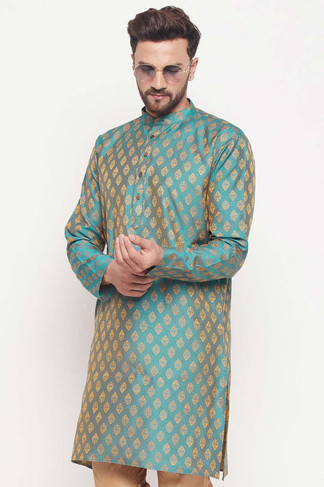 Buy Men's Turquoise Silk Blend Ethnic Motif Woven Design Short Kurta Online